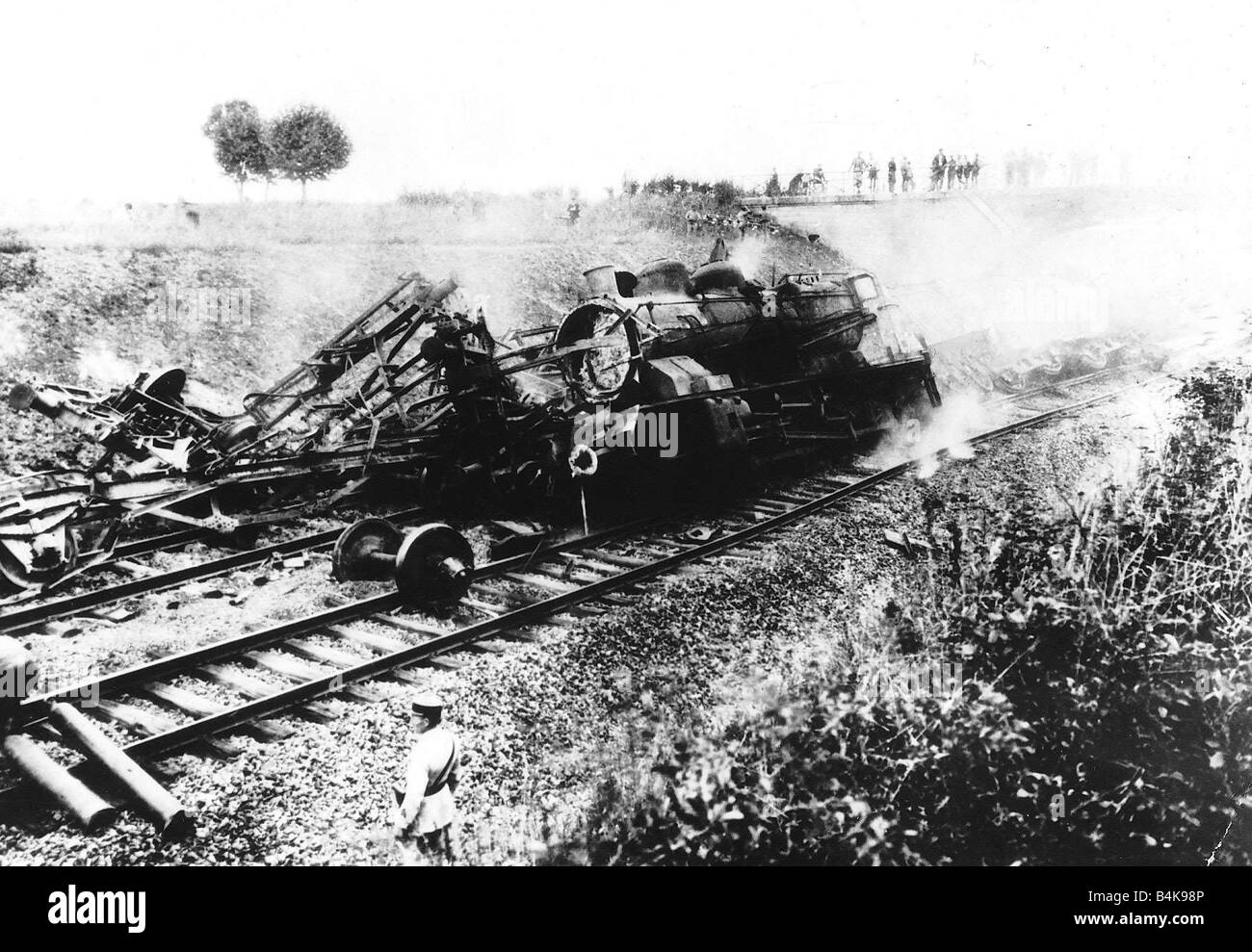 WW2 Nazi gasoline train derailed and set afire by french patriots near Varnes le Grand during the night of Aug 31st 1943 Stock Photo