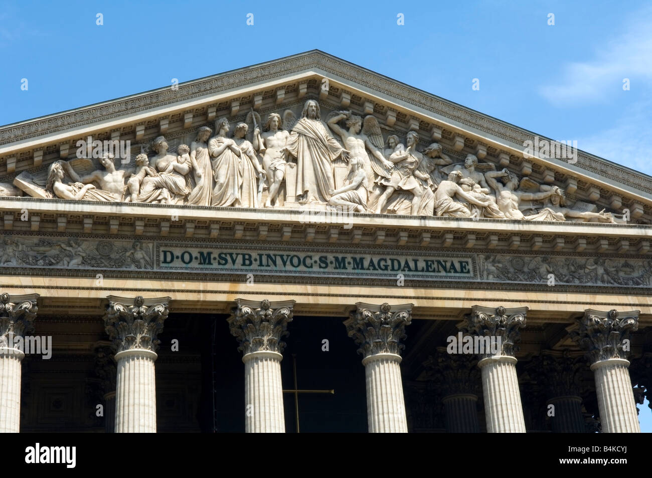 Eglise de La Madeleine showing detail of the pediment frieze depicting the Last Judgement, Paris Stock Photo