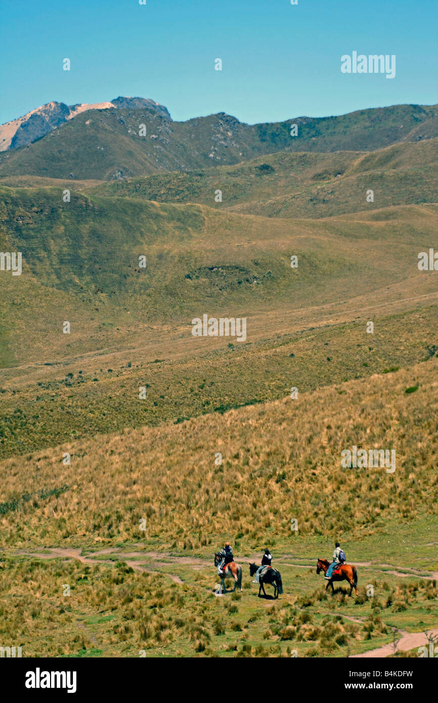 Horse riders, near summit of Pichincha volcano, Quito, Ecuador Stock Photo