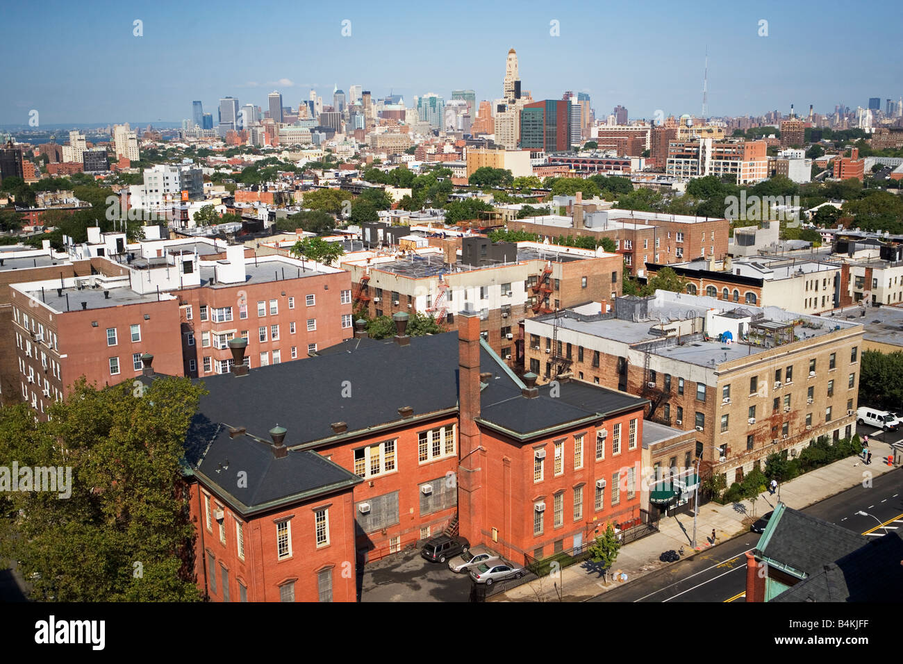 brooklyn, new york, aerial, homes, real estate, overview, condos, coops, church, brownstones, houses, sky, Stock Photo