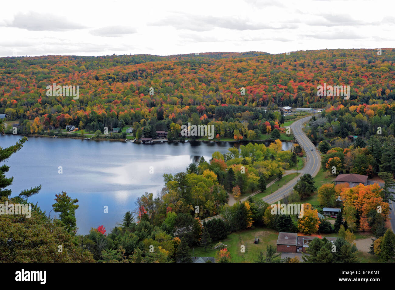 Lake of Bays with brilliant autumn foliage and Township of Dorset at the border of Muskoka and Haliburton in Ontario Canada Stock Photo