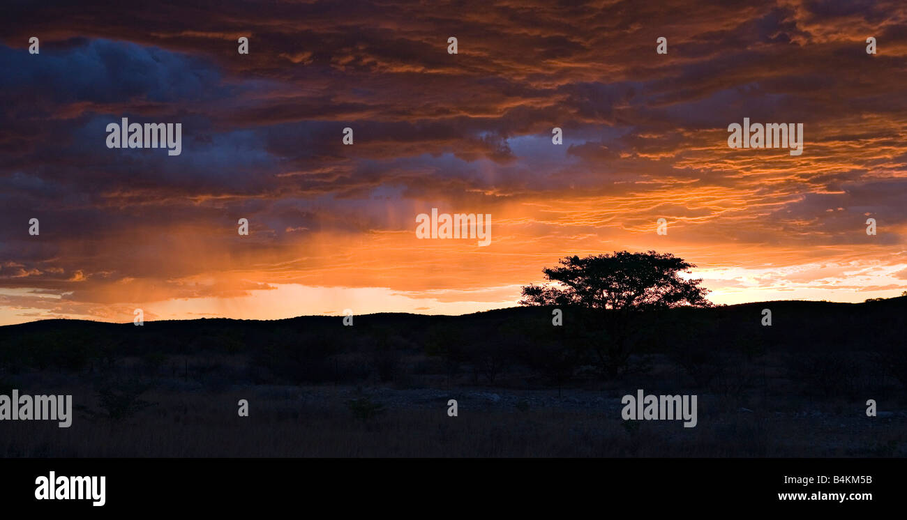 A scenic view of a distant rain in the sunset pan in Oshikoto Region Namibia Stock Photo