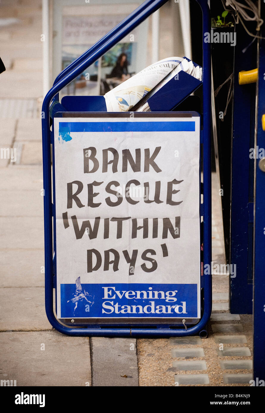 Headline on an Evening Standard newsstand in London referring to global financial crisis in October 2008:  Bank rescue within days. London. UK Stock Photo