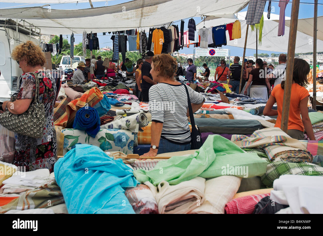 Clothing stall in market in Rethymnon Crete Greece Stock Photo