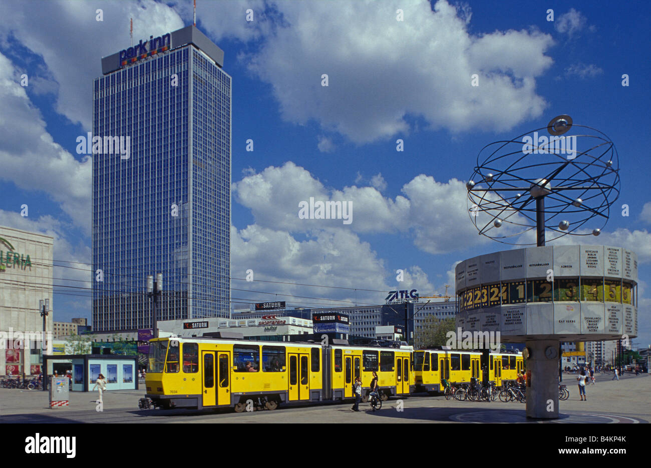 Alexanderplatz square with tram, world clock, Park Inn Hotel, Berlin Mitte district, Germany, Europe Stock Photo