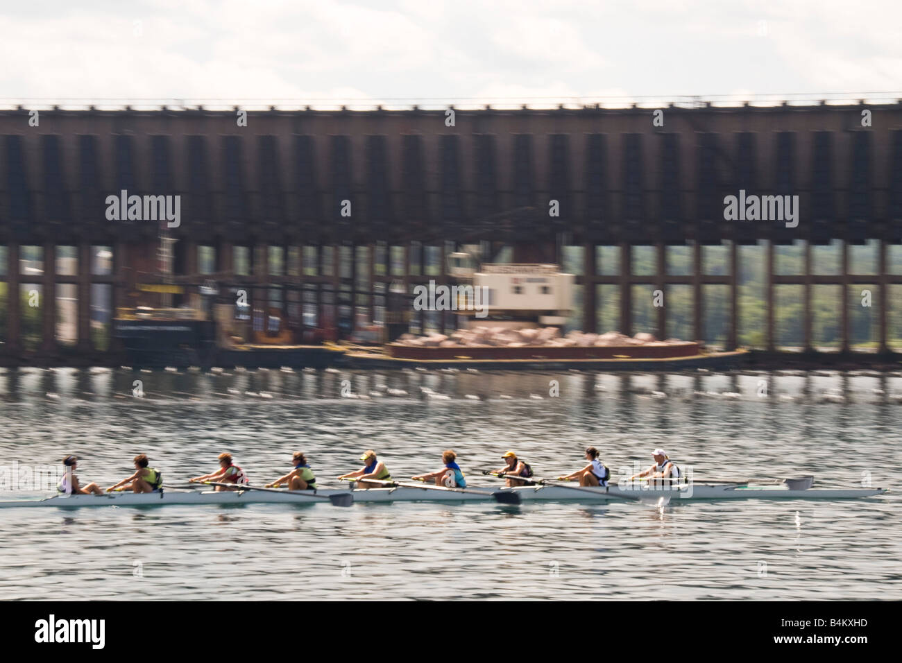 Rowing in the lower harbor of Marquette Michigan on Lake Superior Stock Photo