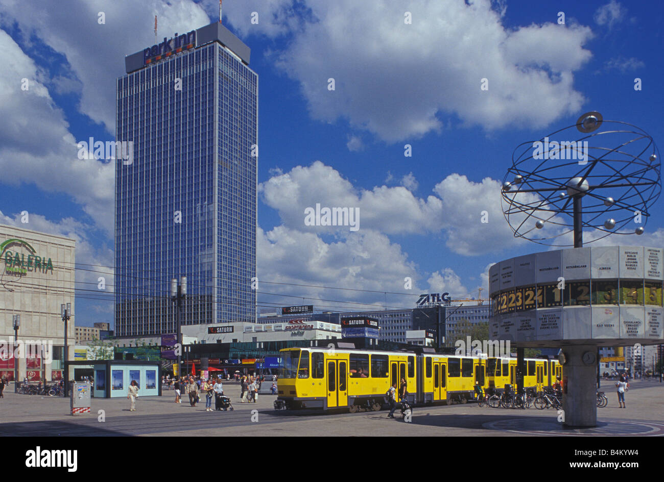 Alexanderplatz. Weltzeituhr. Universal Clock. World Time Zone. Park Inn Hotel. Galeria Kaufhof. Berlin Mitte. Berlin. Germany. Stock Photo