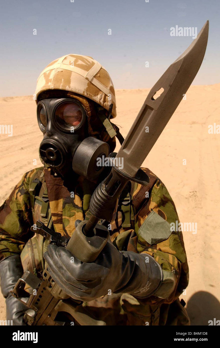 A soldier of the British army seen here training in the Kuwaiti desert in his NBC suit prior to the invasion of Iraq March 2003 Stock Photo