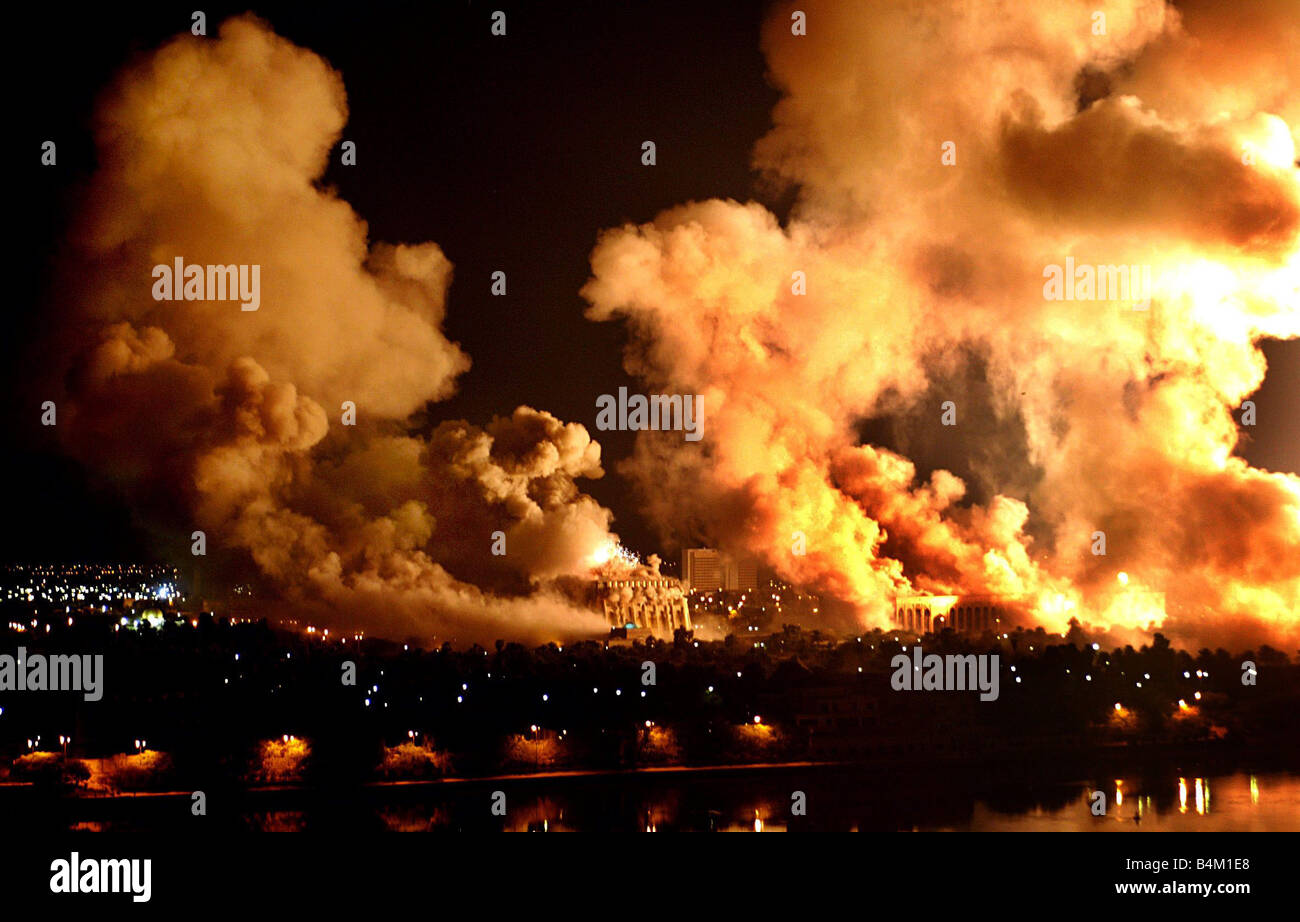 Iraq War March 2003 Baghdad ablaze during the allied bombing on the first night of the Shock and Awe operation Stock Photo