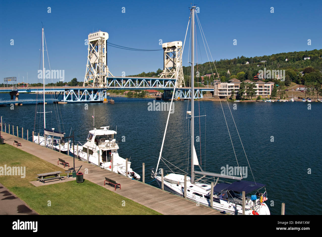 The Portage Canal and lift bridge between the cities of Houghton and Hancock Michigan Stock Photo