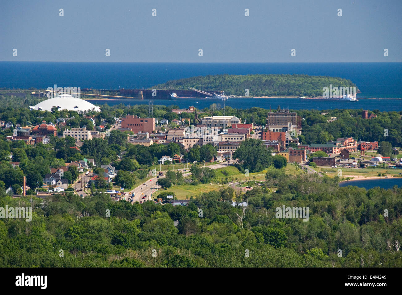 Overview of the city of Marquette Michigan and Lake Superior from Mount Marquette Stock Photo