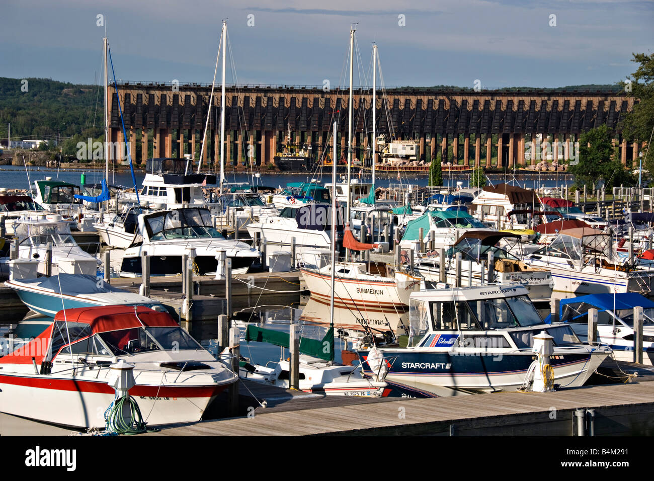 Cinder Pond Marina and downtown Marquette Michigan Stock Photo