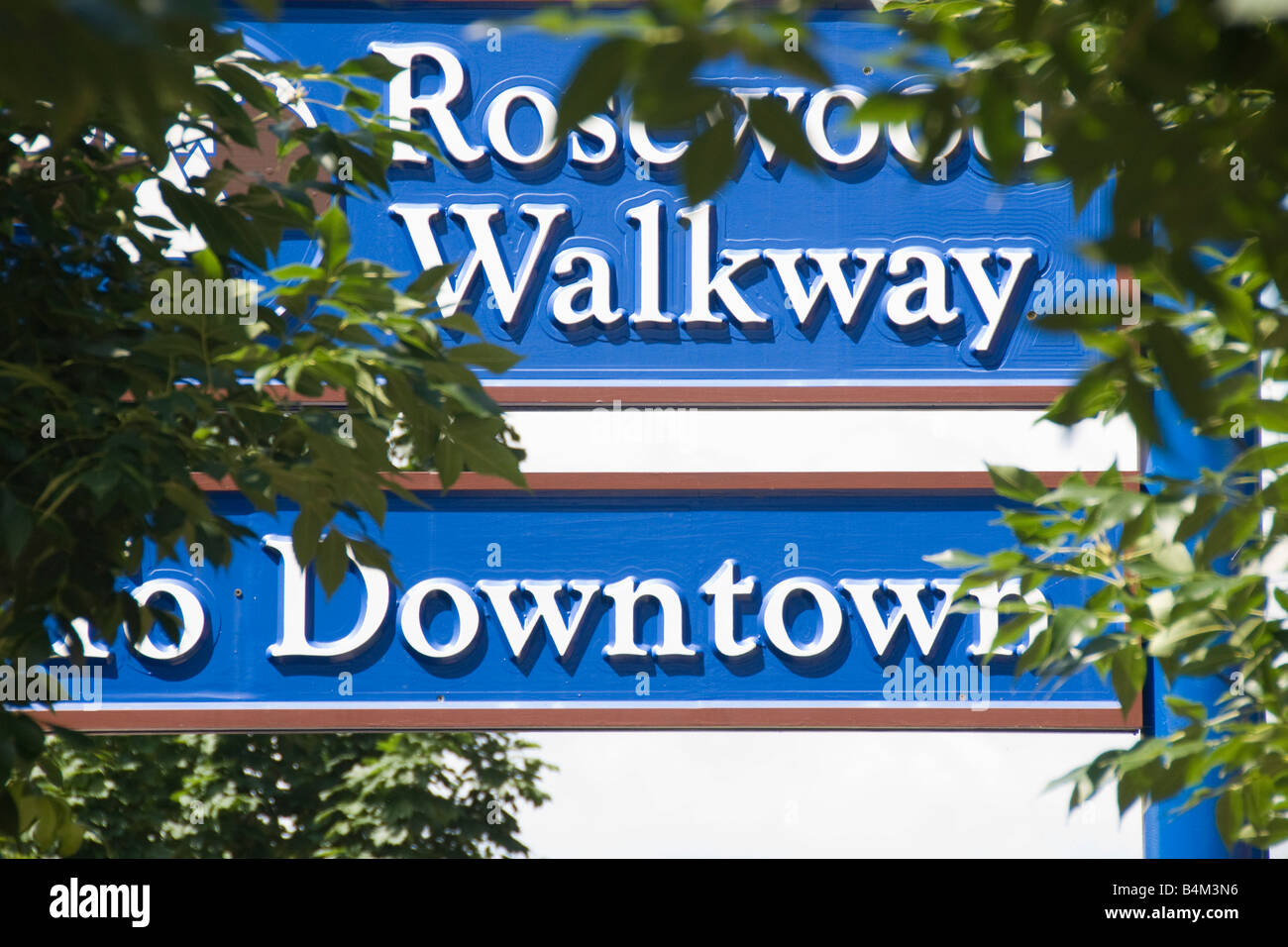 Signs for a pedestrian walkway in downtown Marquette Michigan Stock Photo