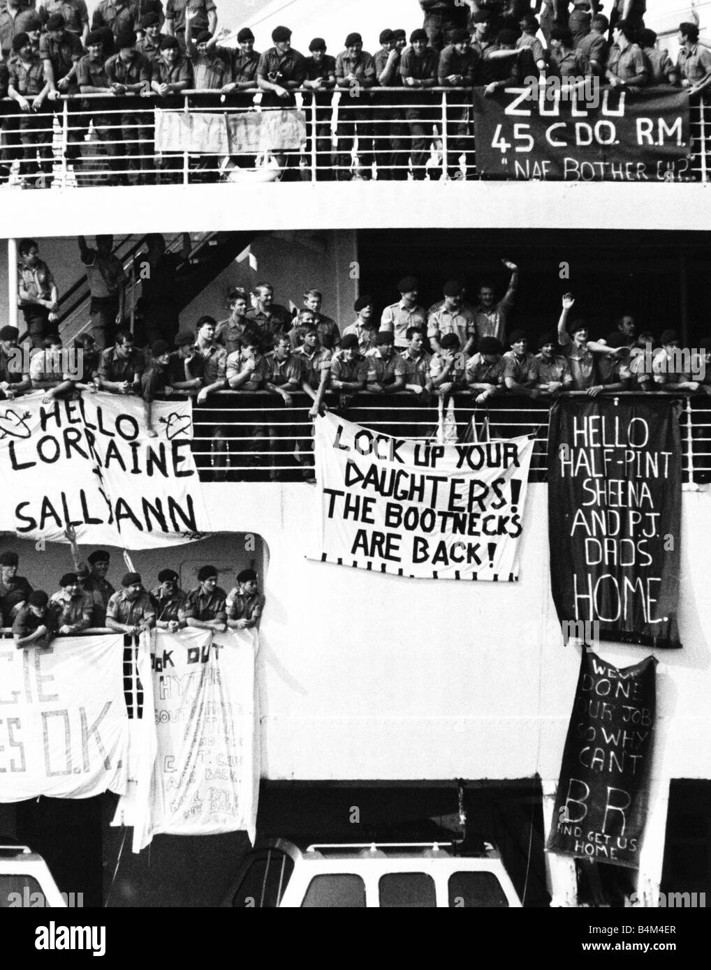 End of Falklands War brought the return of the Canberra into Southampton docks where Royal Marines were waiting to disembark after their long voyage home July 1982 Stock Photo