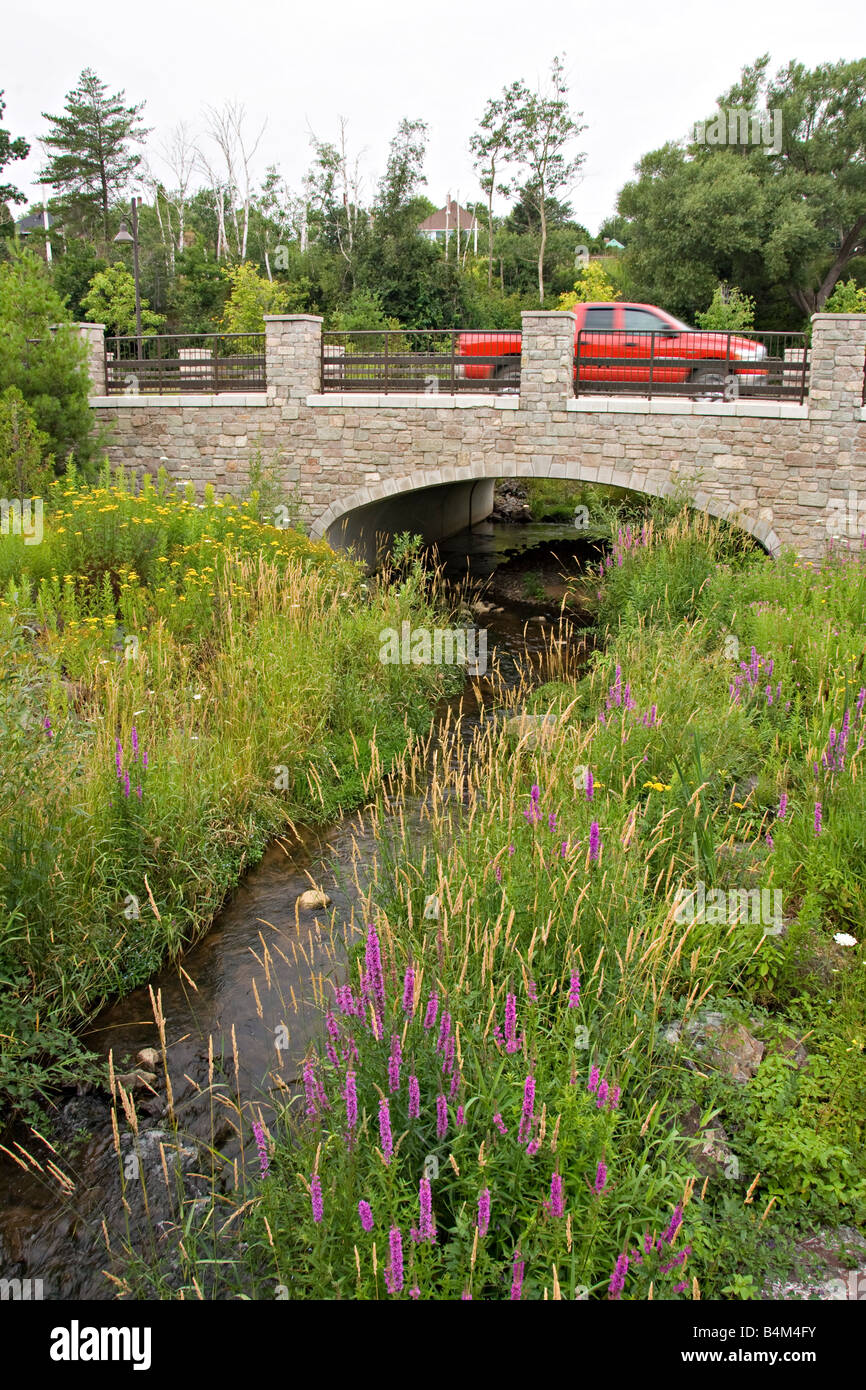 A scenic bridge along the bike path on the waterfront of Marquette Michigan Stock Photo