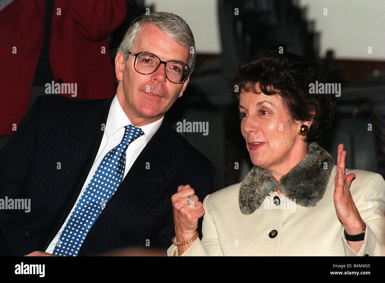 Prime Minister John Major and Education Secretary Gillan Shephard seen here talking during a visit to Cardinal Vaughan Memorial Stock Photo