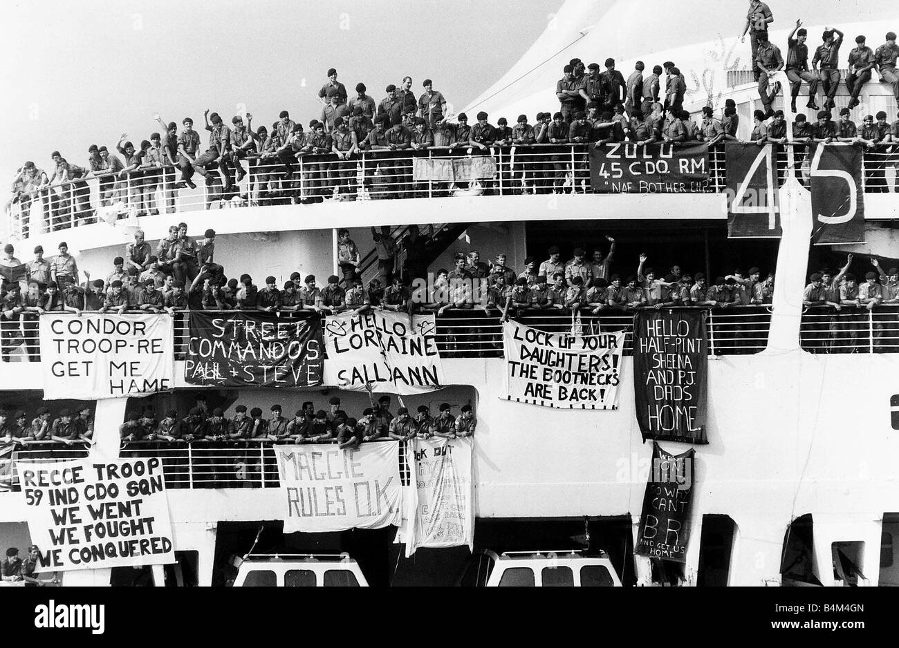 End of Falklands War brought the return of the Canberra into Southampton docks where Royal Marines were waiting to disembark after their long voyage home July 1982 End of Falklands War brought the return of the Canberra into Southampton docks where Royal Marines were waiting to disembark after their long voyage home July 1982