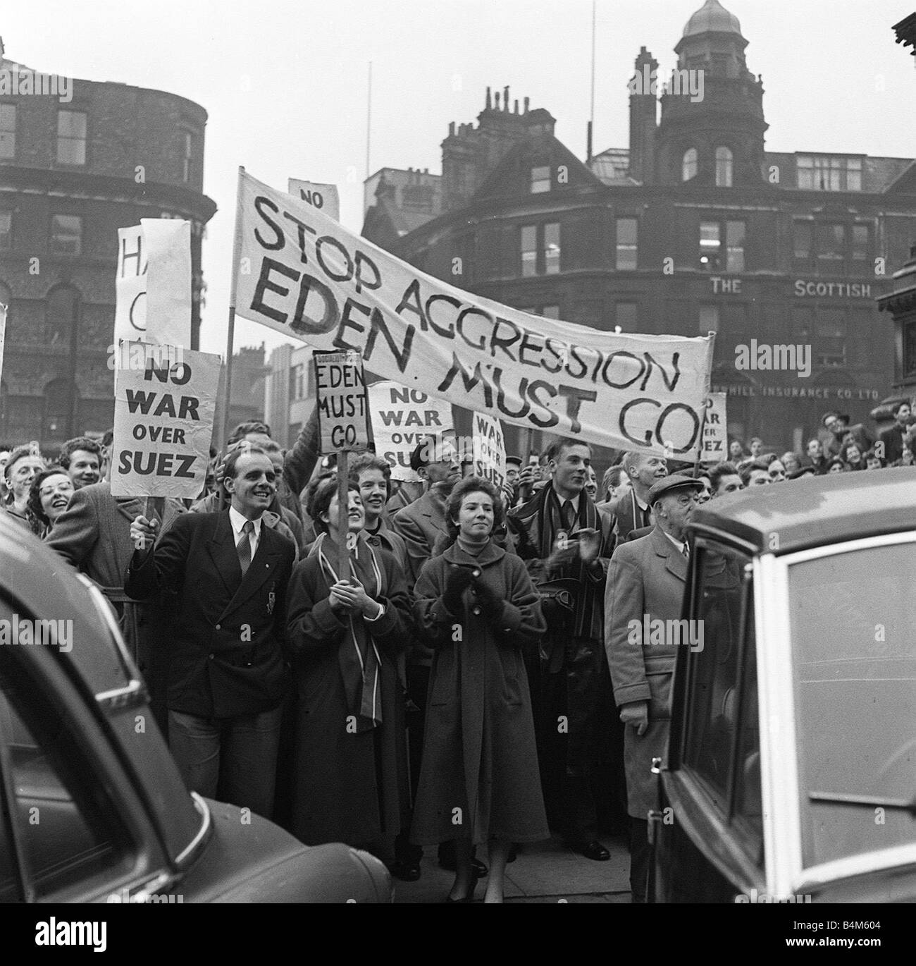 Students from Manchester University demonstrate against British policy in Egypt during the Suez Crisis 1956 In October 1956 Egypt s President Nasser nationalised the Suez Canal Israeli promptly attacked followed by the landing of British and French troops Domestic opposition was overtaken by a Soviet protest and non support from the US leading to the withdrawal of troops and the resignation of Prime Minister Anthony Eden Stock Photo