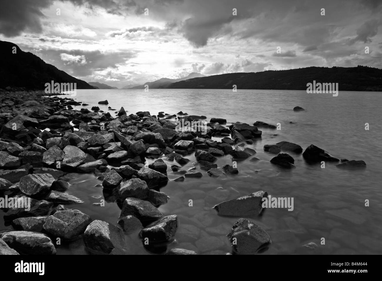 Loch Ness, black and white, Portrait, from the south bank, Great glen, Highlands, Scotland Stock Photo