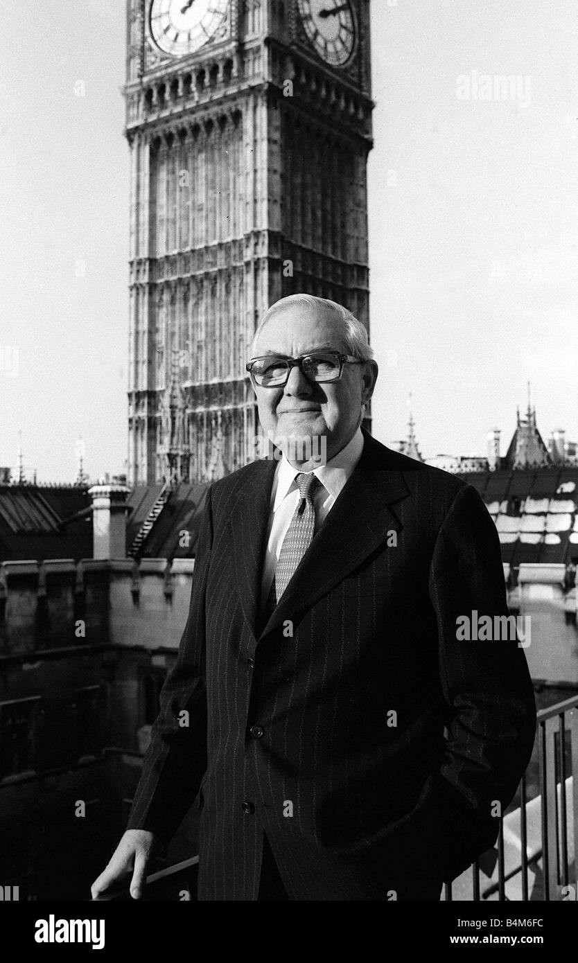 James Callaghan Dec 1981 outside his new office in the House of Commons London Stock Photo