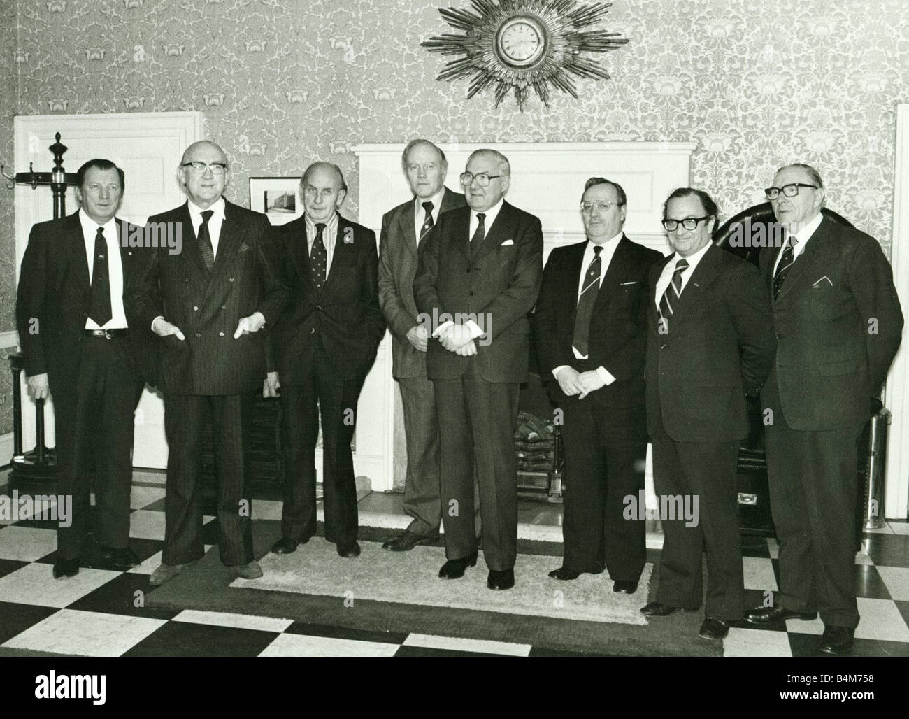 The Prime Minister James Callaghan seen here in 10 Downing Street with the TUC Leadership l r Ray Buckton A S L E F Lord Allen U S D A W Bill Keyes S O G A T David basnett G M W Moss Evans T G W Clive Jenkins A S T M S and John Boyd A U E W Stock Photo