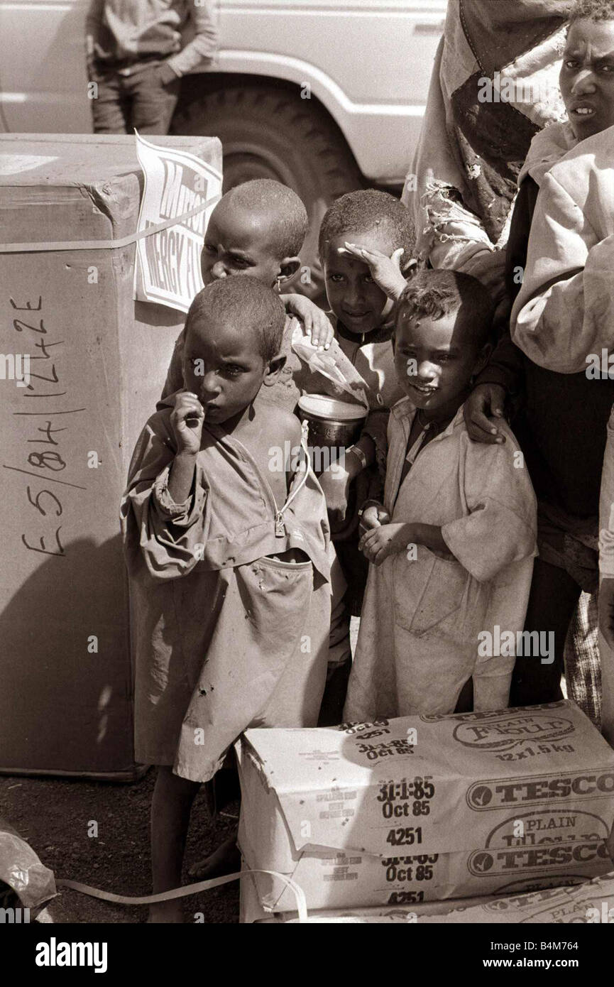 Ethiopia Famine November 1984 Mirror Mercy Flight labels on boxes Locals wait as supplies arrive ...