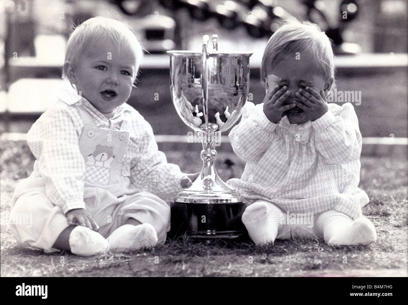 Thomas Martin and Jessica Amy crying after winning the Bonny Baby Photo competition 1989 Stock Photo