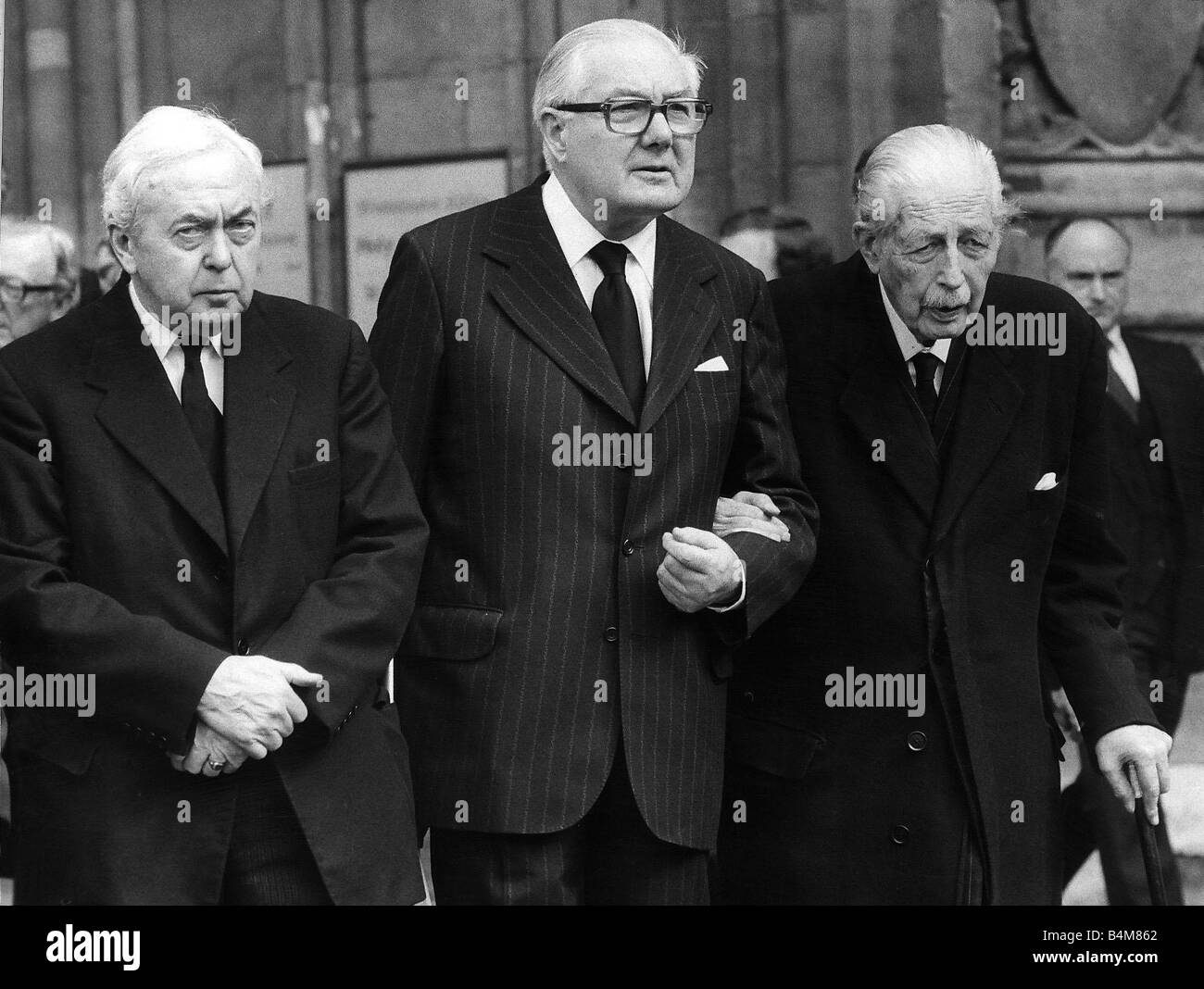 Three former Prime Ministers L to R Harold Wilson James Callaghan and Harold McMillan seen here at Westminister Abbey 1982 Stock Photo