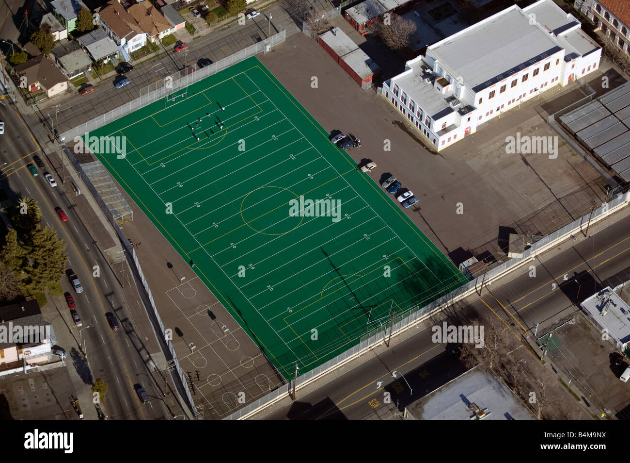 aerial above soccer football field Berkeley California high school Stock Photo