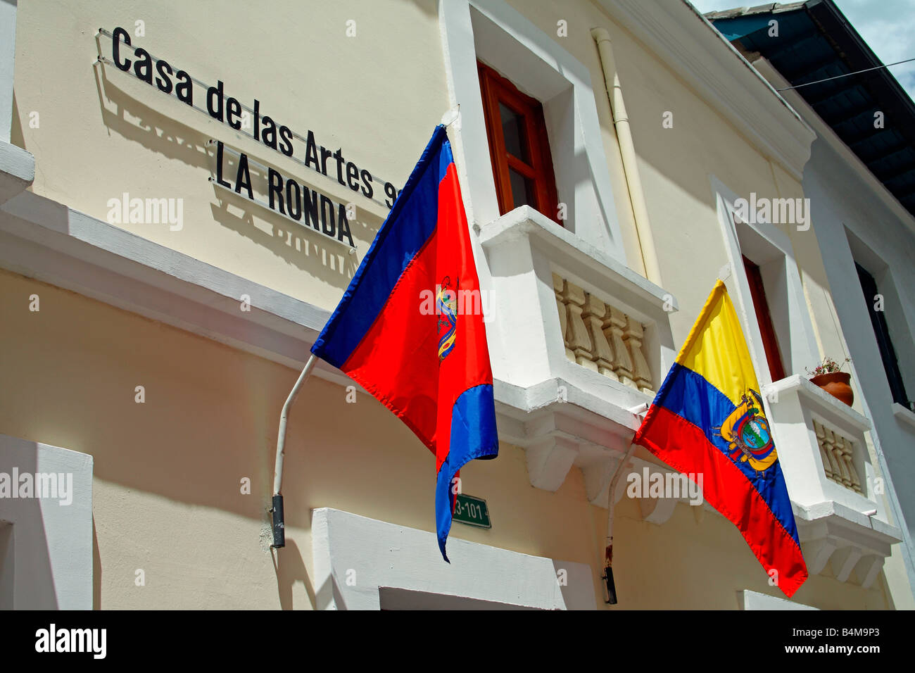 Flags in Calle de la Ronda, Quito, Ecuador Stock Photo
