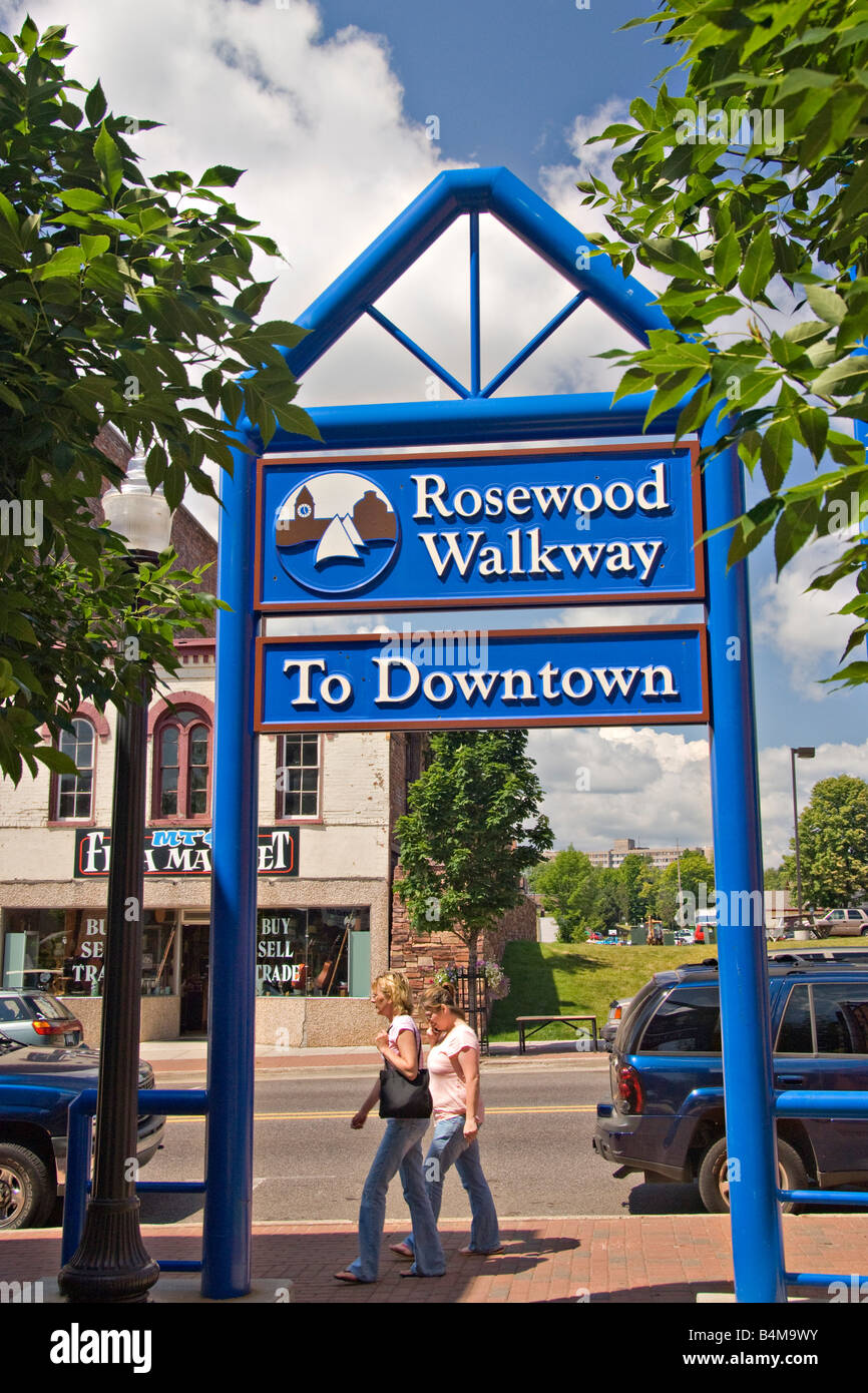 Signs for a pedestrian walkway in downtown Marquette Michigan Stock Photo