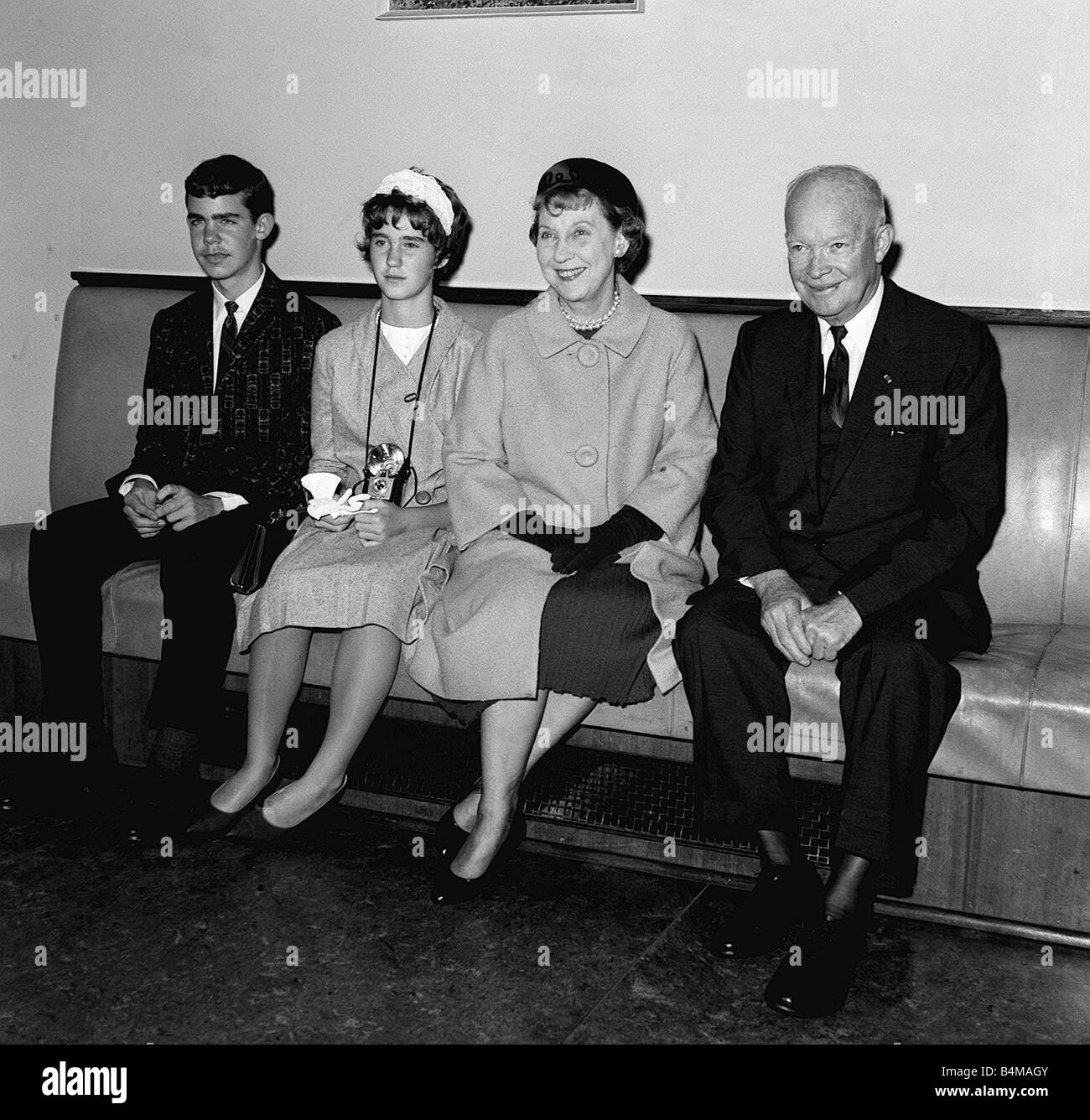General Dwight Eisenhower arriving fromParis with his wife Mamie and two grandchildren Dwight David Eisenhower aged 14 and Barbara Anne Eisenhower aged 13 children of htheir son John Stock Photo