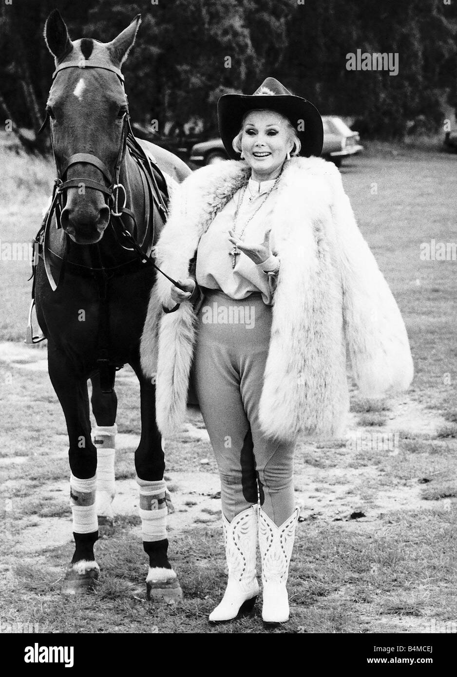 Zsa ZSa Gabor Actress at Guards Polo Club She plays the game in Florida and is over in England to train June 1982 Stock Photo