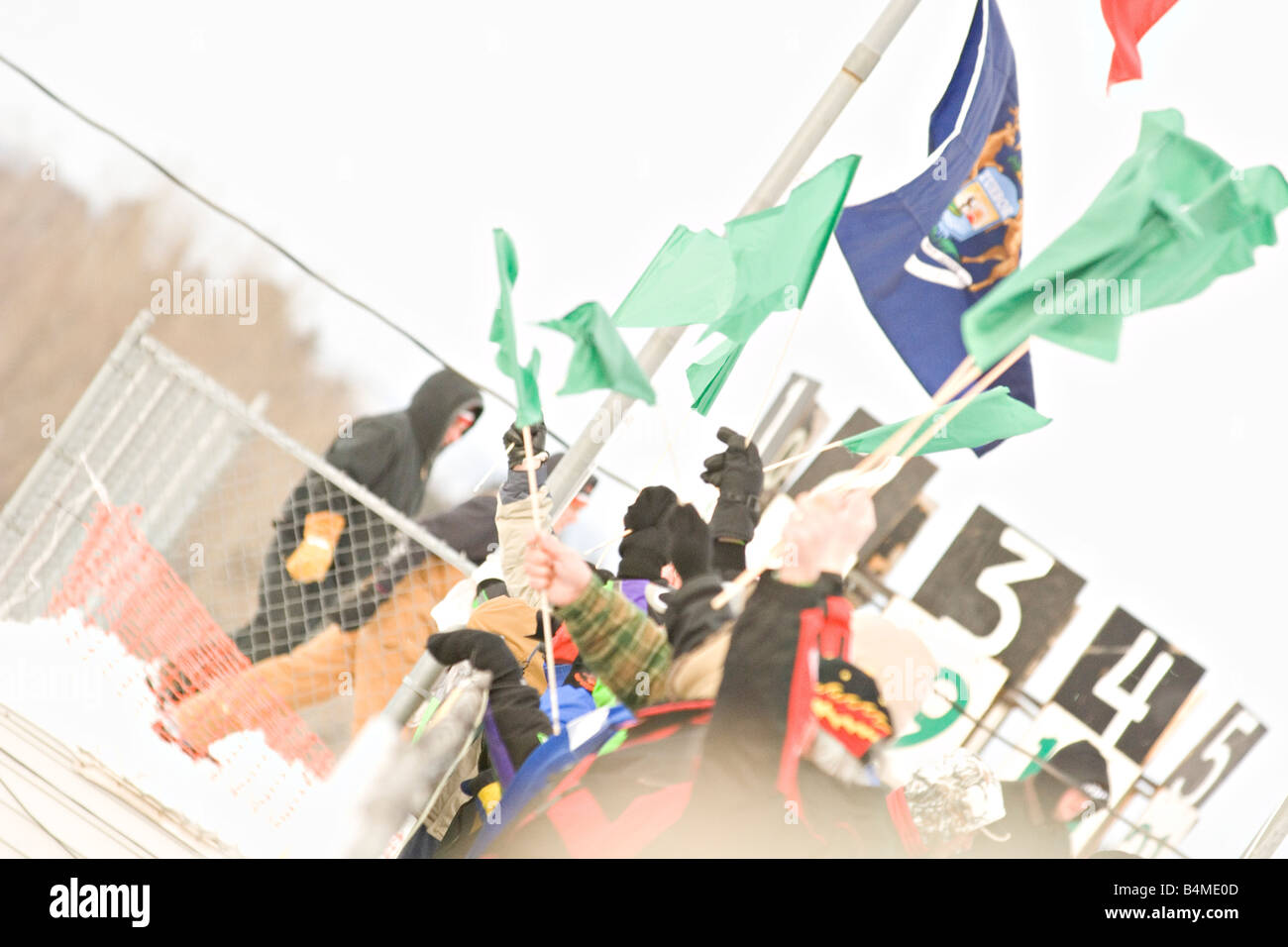 Snowmobile racing action at the I 500 Snowmobile race in Sault Ste