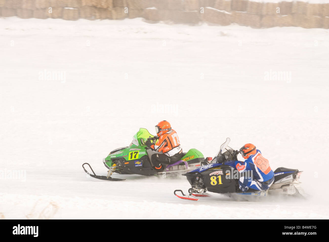 Snowmobile racing action at the I 500 Snowmobile race in Sault Ste