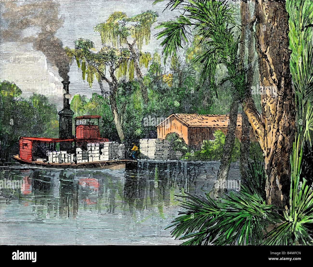 Steamboat loading cotton at a plantation's river wharf in the US South 1800s. Hand-colored woodcut Stock Photo