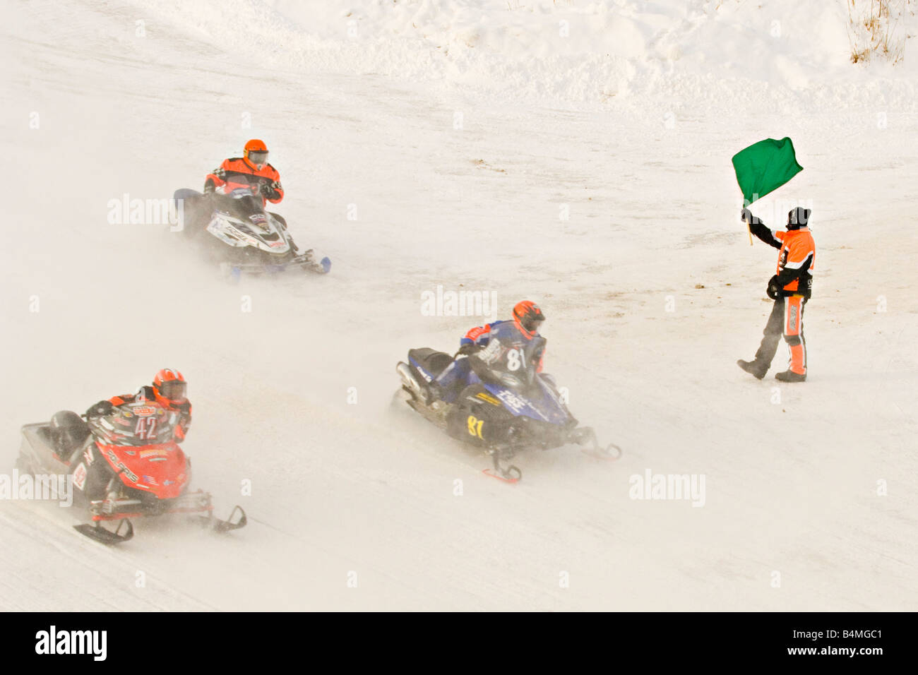 Snowmobile racing action at the I 500 Snowmobile race in Sault Ste