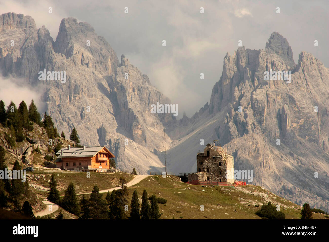 Duerrensteinhuette Rif Vallandro and Monte Cristallo in the Dolomites Puster Valley in South Tyrol Italy Stock Photo