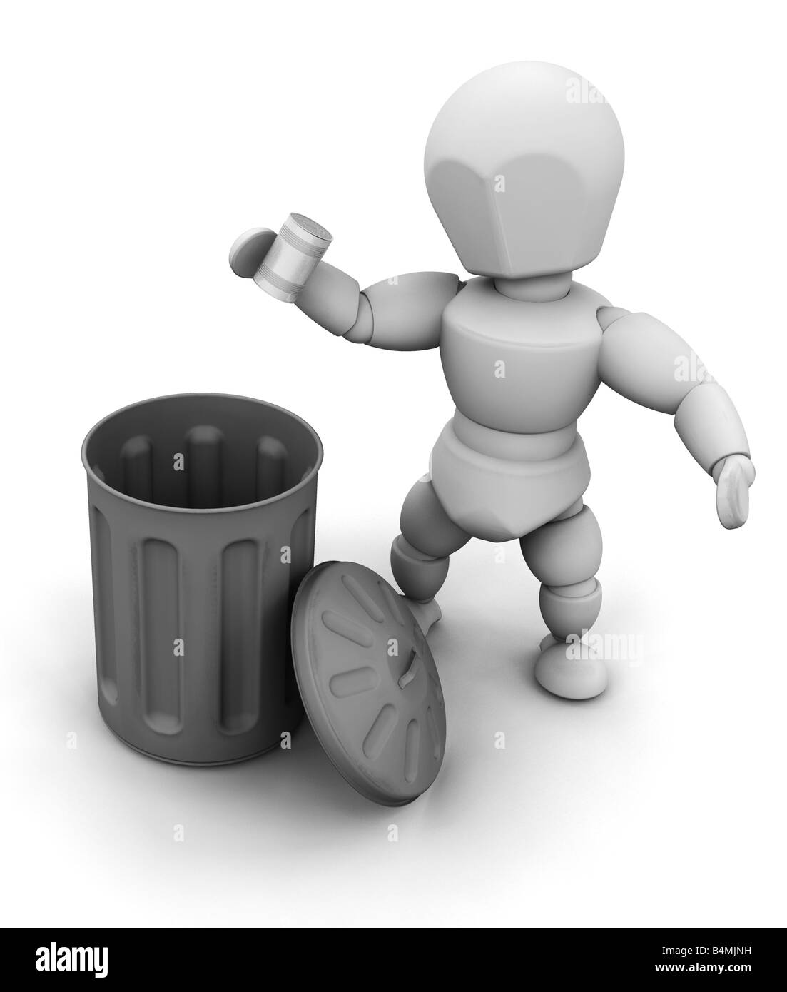 3D render of a person putting a tin can in a bin Stock Photo