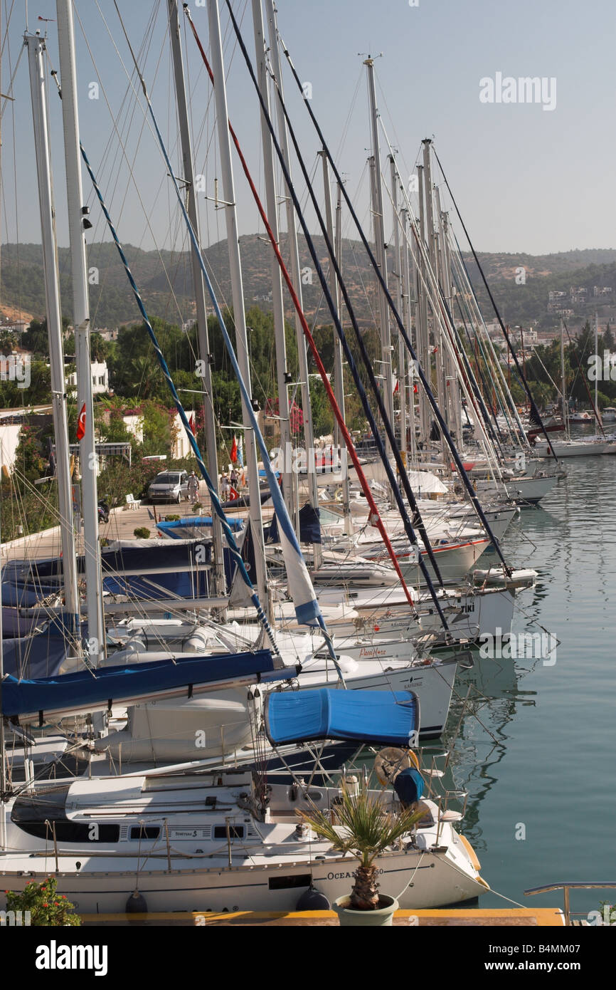 Row of Yachts moored in Bodrum Marina, Turkey Stock Photo