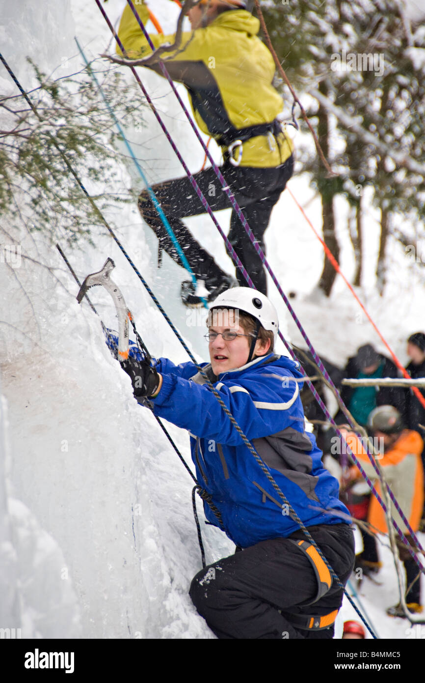 Ice climbing during Michigan Ice Fest at Pictured Rocks National Lakeshore in Munising Michigan