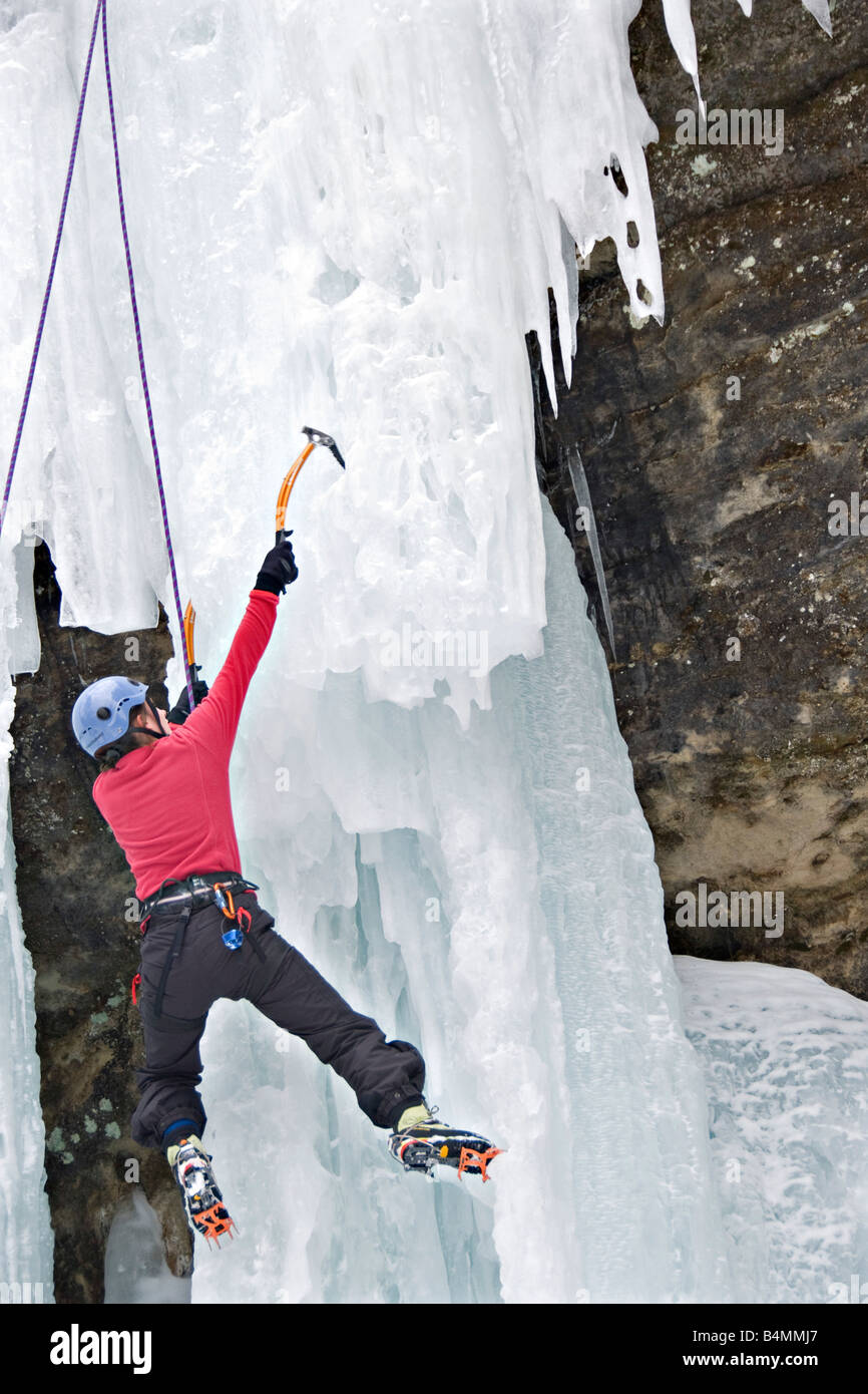 Ice climbing during Michigan Ice Fest at Pictured Rocks National Lakeshore in Munising Michigan