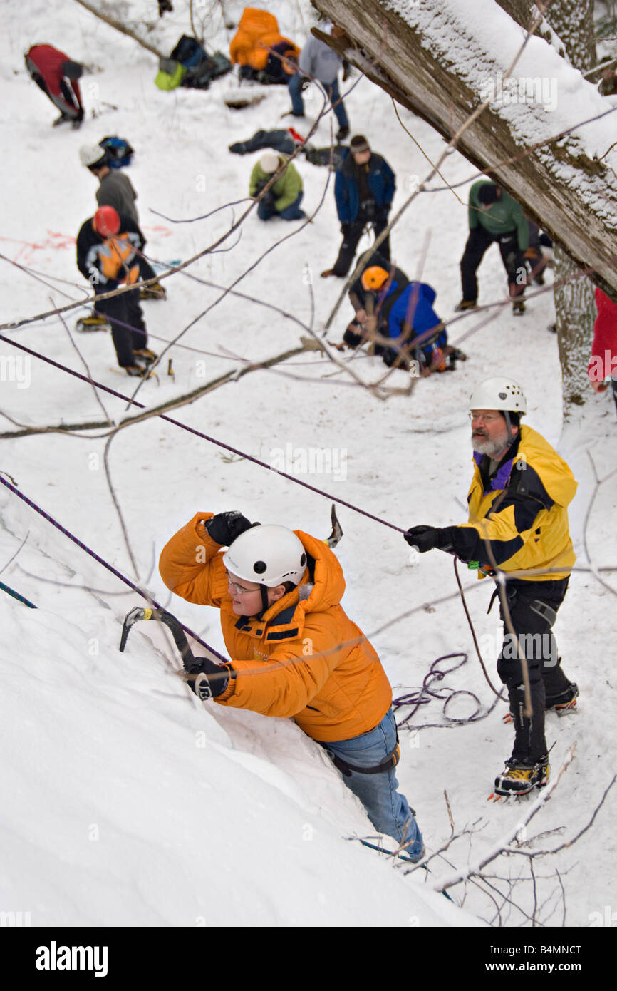 Ice climbing during Michigan Ice Fest at Pictured Rocks National Lakeshore in Munising Michigan Upper Peninsula Stock Photo