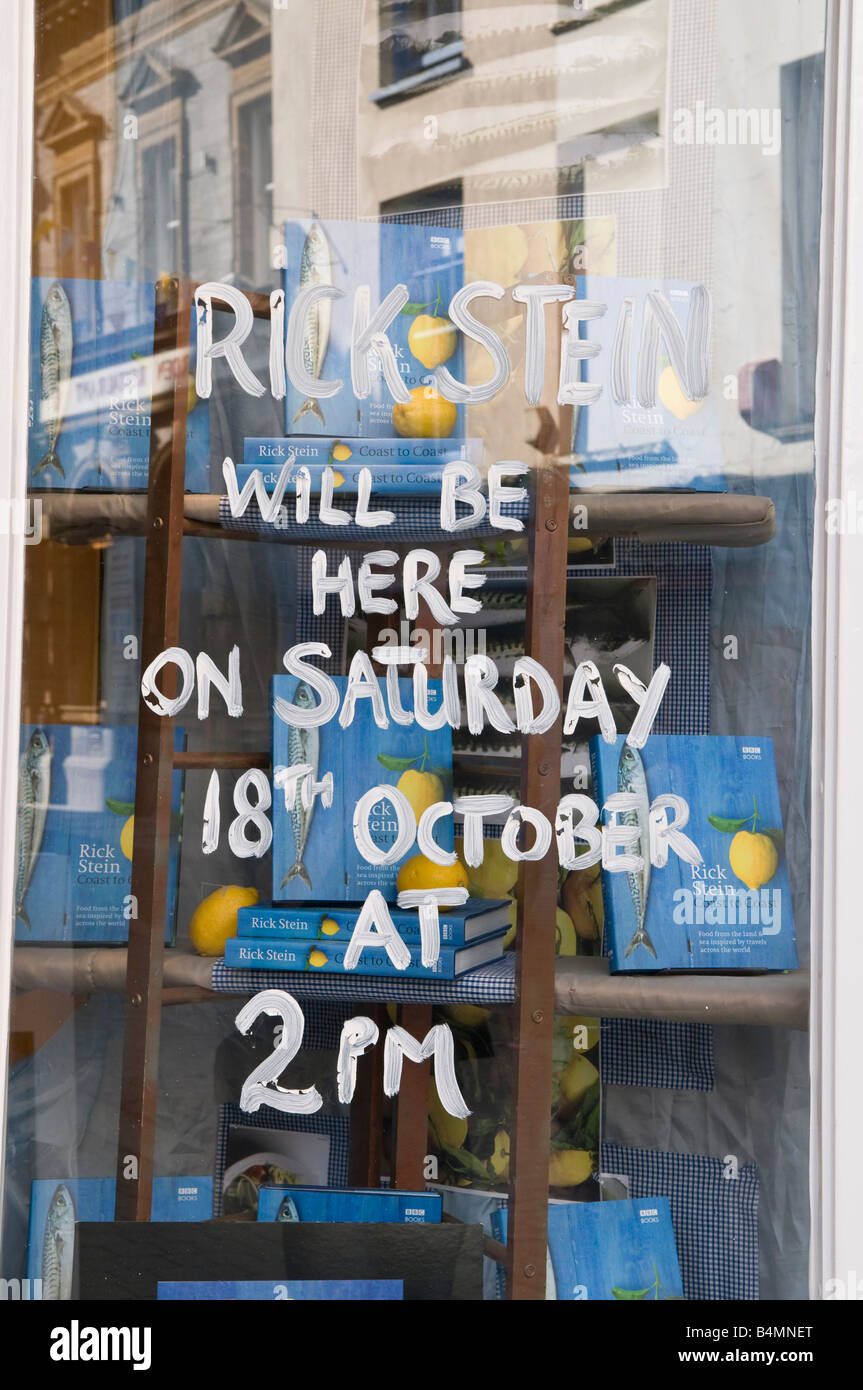 Shop Window displaying Rick Stein Books and Signing Date, Falmouth Cornwall Stock Photo