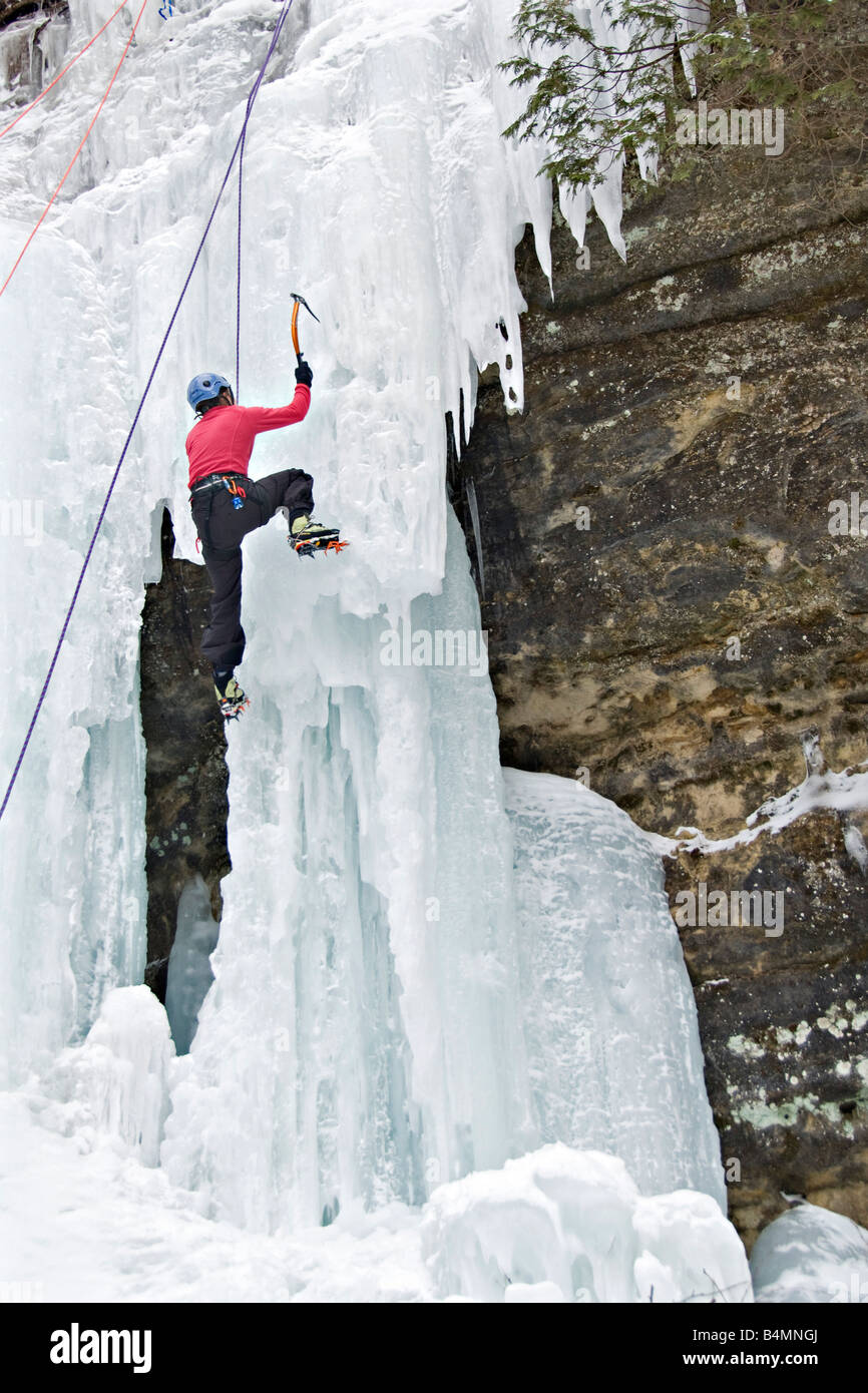 Ice climbing during Michigan Ice Fest at Pictured Rocks National Lakeshore in Munising Michigan