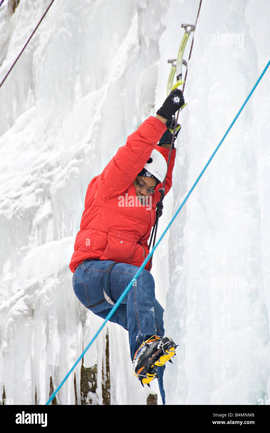 Ice climbing during Michigan Ice Fest at Pictured Rocks National Lakeshore in Munising Michigan