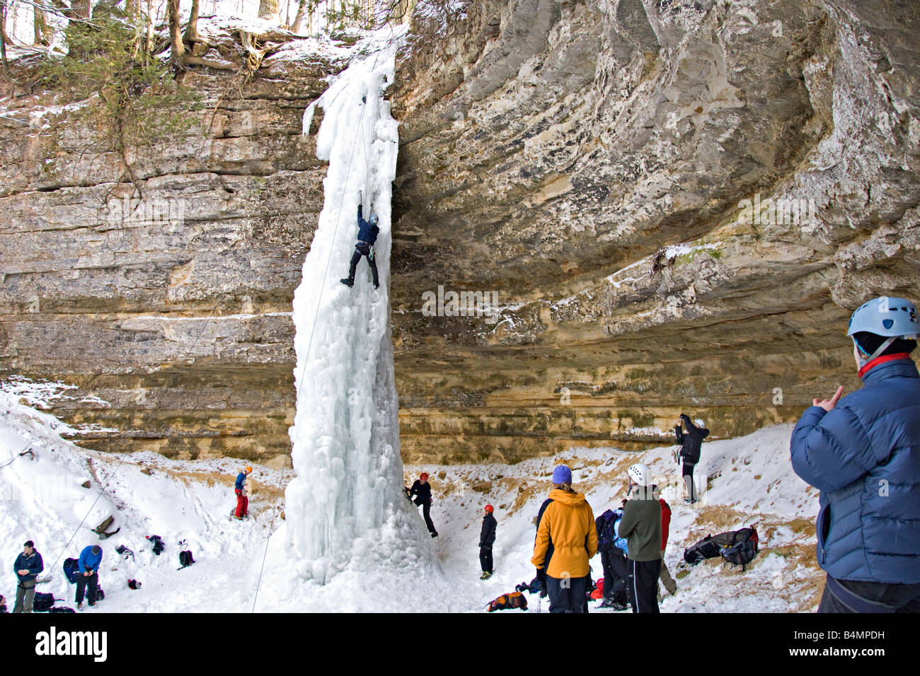 Ice climbing during Michigan Ice Fest at Pictured Rocks National