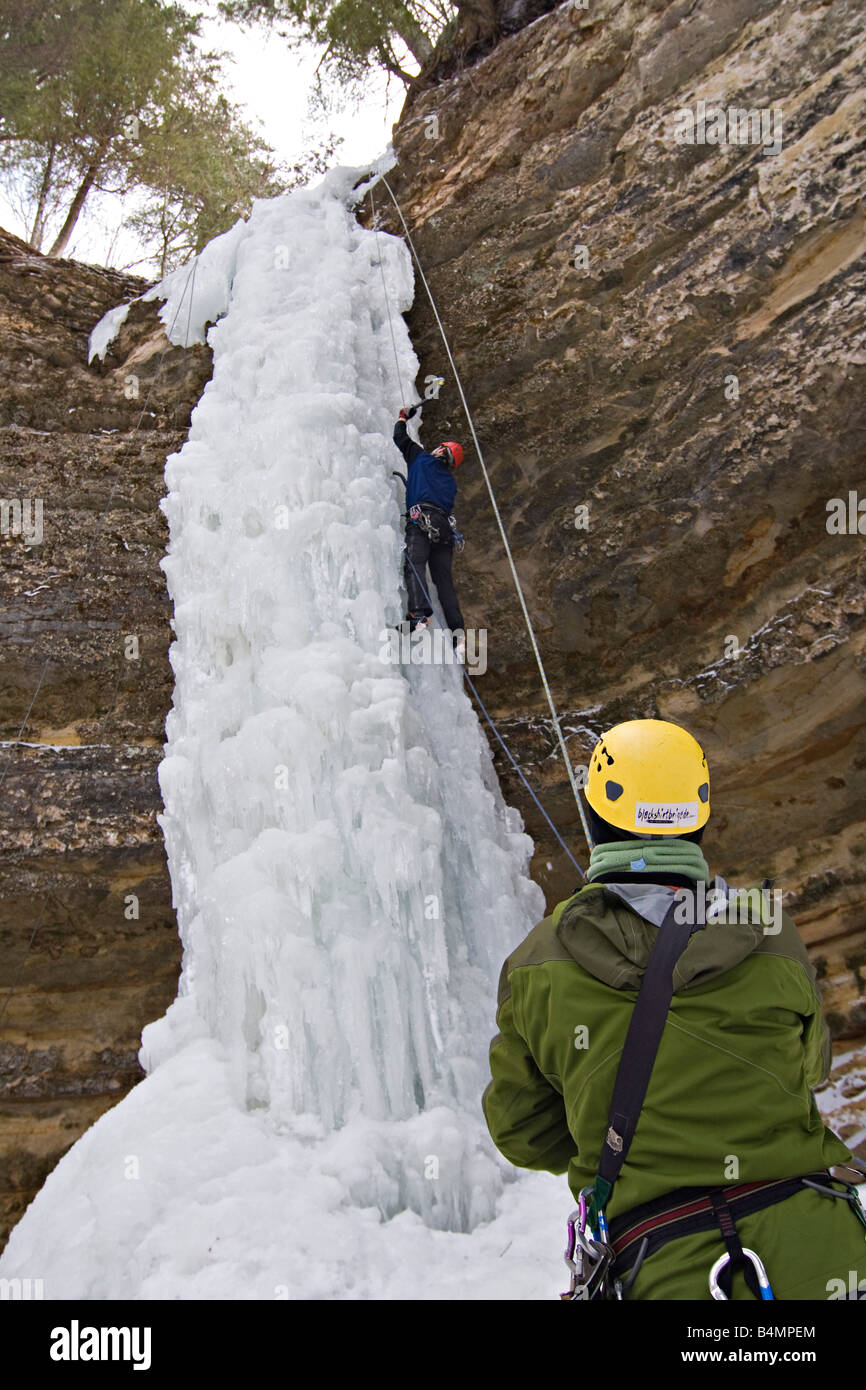 Ice climbing during Michigan Ice Fest at Pictured Rocks National Lakeshore in Munising Michigan