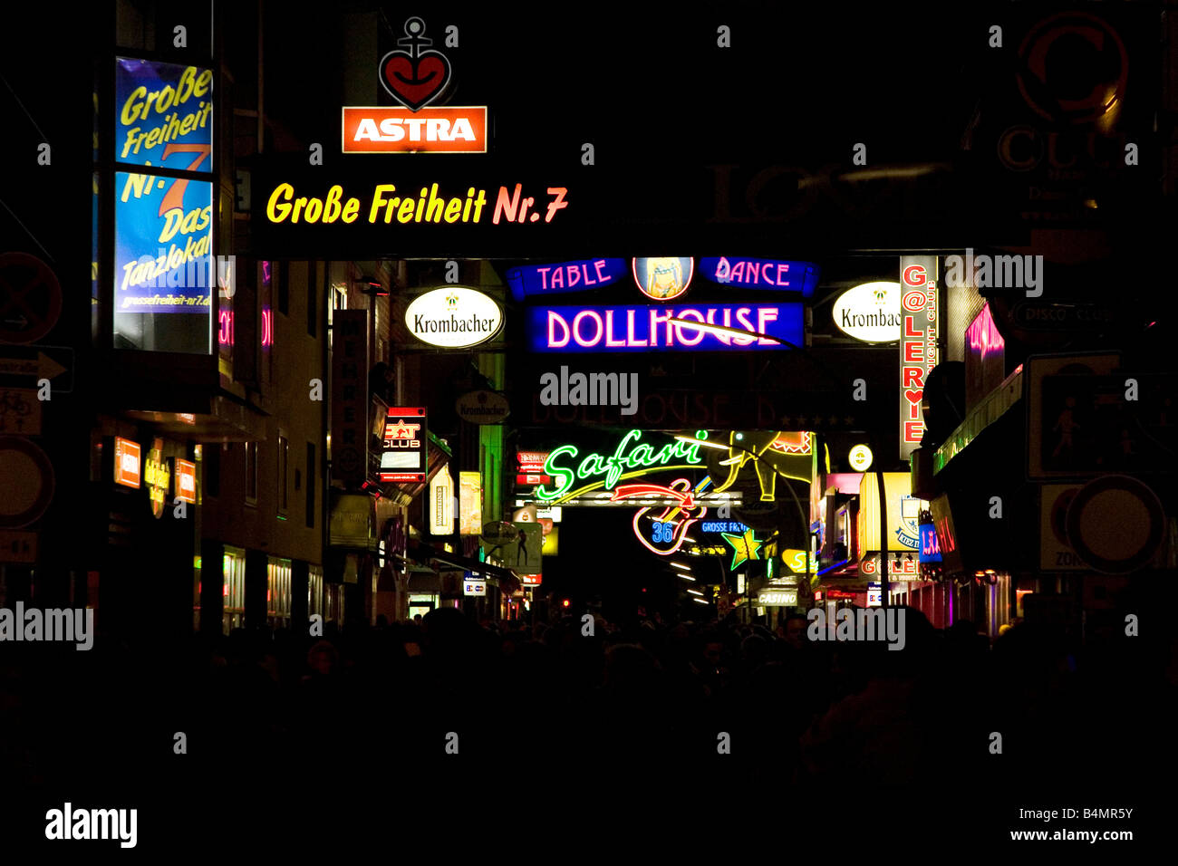 Neon lights and signs for bars and nightclubs on the Grosse Freiheit in Hamburg's St Pauli District. Stock Photo