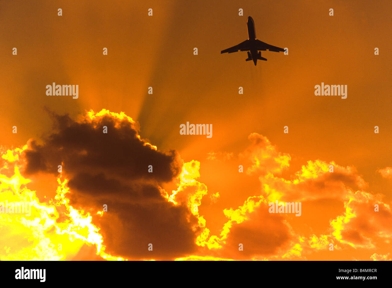 Commercial Airliner takeoff at sunset, Miami International Airport ...